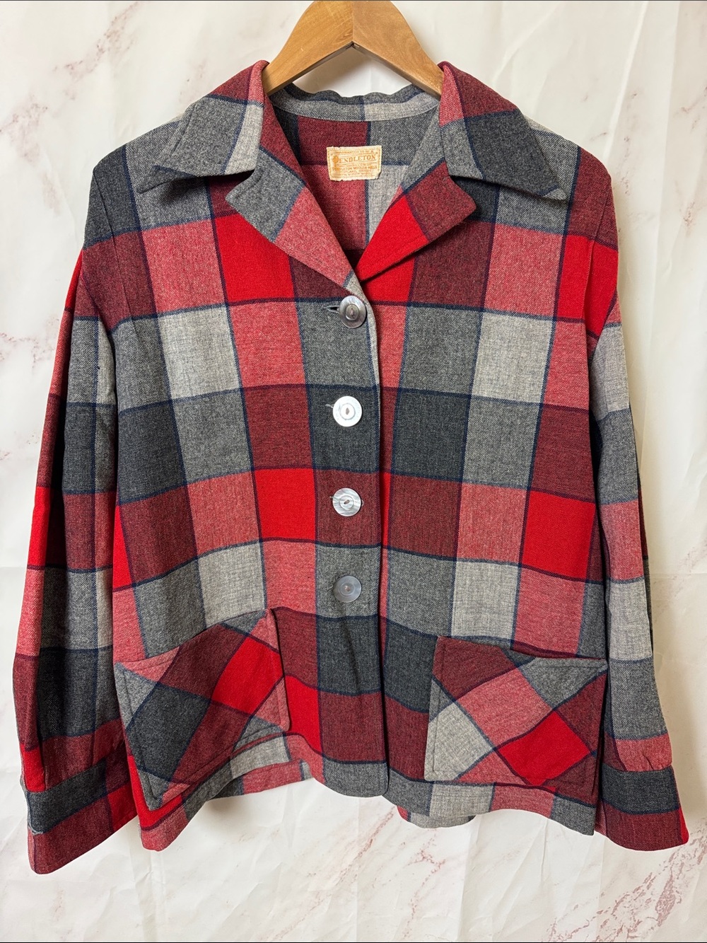 Vintage Pendleton Women's Red Gray Plaid Wool Jacket - SEE SIZE INFO